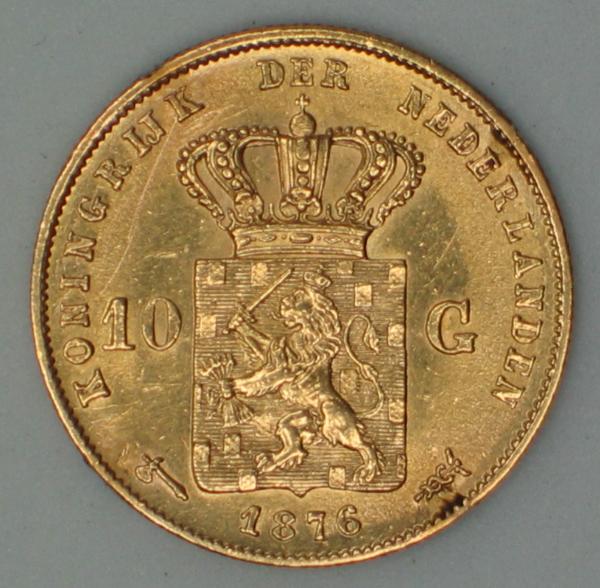 10 Gulden "Willem de Derde" 1876 Niederlande 900er Gold, Einfassschaden