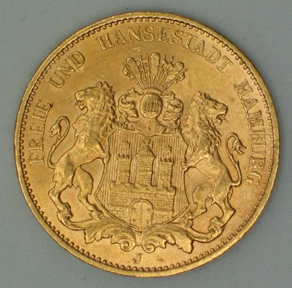 20 Mark "Freie und Hansestadt Hamburg", Reichsgold, Goldmark 1913, Deutsches Reich, 900er Gold