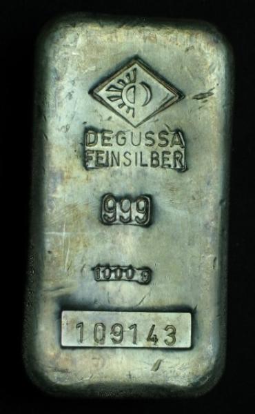 Historischer Silberbarren DEGUSSA", 999 Feinsilber, 1 Kilogramm, Gussbarren