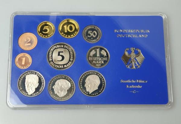 Kursmünzsatz DM 1981 G -Karlsruhe- 1 Pfg bis 5,- DM in polierter Platte PP