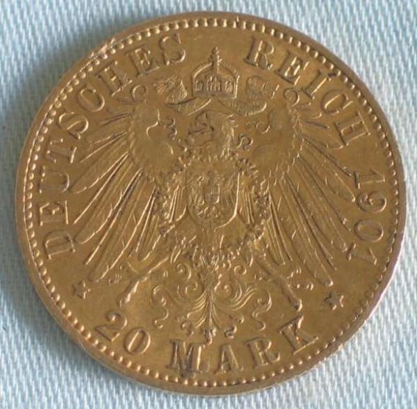 20 Mark "Wilhelm II", Reichsgold, Goldmark 1901, Deutsches Reich, 900er Gold, Berlin