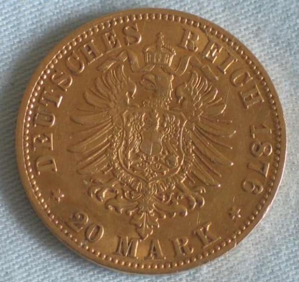 20 Mark "Wilhelm von Preussen", Reichsgold, Goldmark 1876, Deutsches Reich, 900er Gold, Berlin