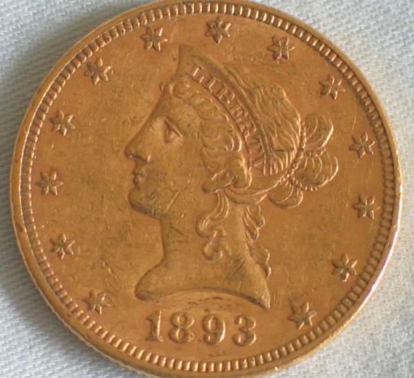 10$ US "Coronet Head" 1893 "Eagle" USA 900er Gold, Philadelphia