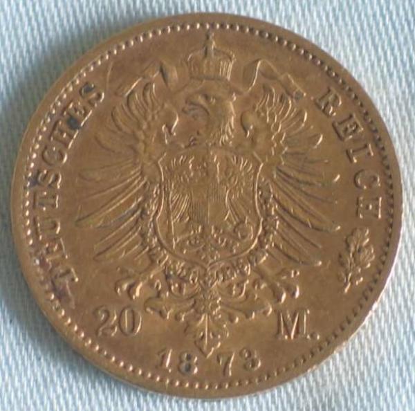 20 Mark "Wilhelm von Preussen", Reichsgold, Goldmark 1873, Deutsches Reich, 900er Gold, Berlin