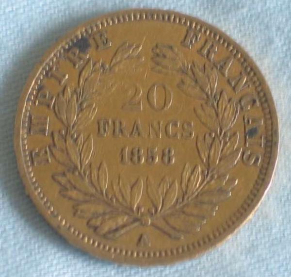 20 Francs "Napoleon III" 1858 "A" Frankreich 900er Gold