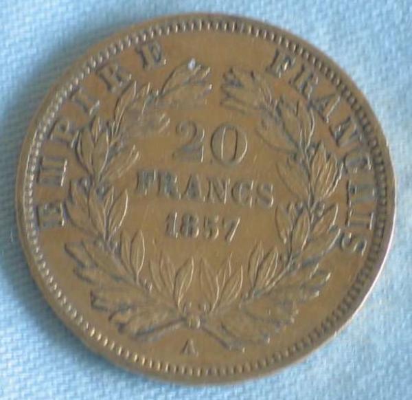 20 Francs "Napoleon III "1857" "A" Frankreich 900er Gold