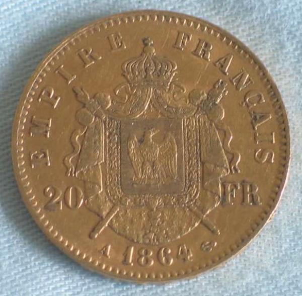 20 Francs "Napoleon III" 1864 "A" Frankreich 900er Gold