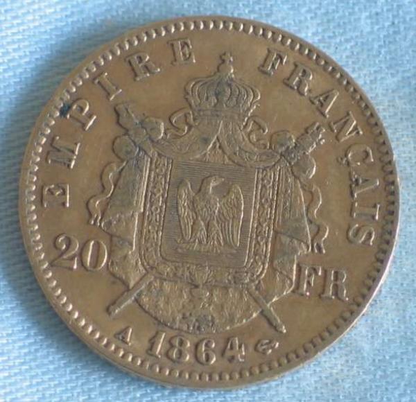 20 Francs "Napoleon III" 1864 "A" Frankreich 900er Gold