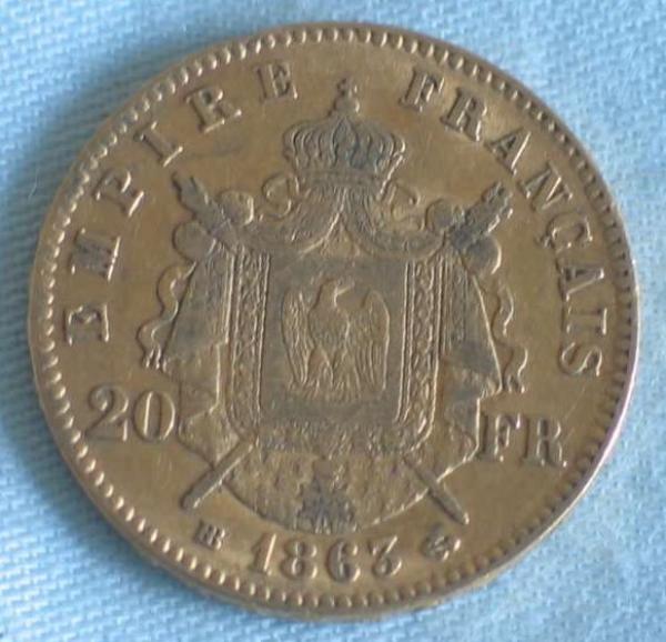 20 Francs "Napoleon III" 1863 "A" Frankreich 900er Gold