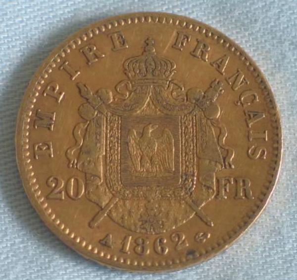 20 Francs "Napoleon III" 1862 "A" Frankreich 900er Gold