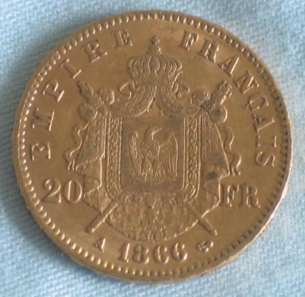 20 Francs "Napoleon III" 1866 "A" Frankreich 900er Gold
