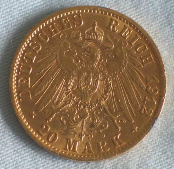 20 Mark "Wilhelm II", Reichsgold, Goldmark 1912, Deutsches Reich, 900er Gold, Berlin