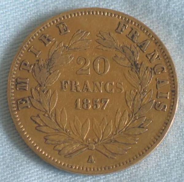 20 Francs "Napoleon III" 1857 "A" Frankreich 900er Gold