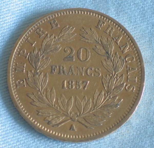 20 Francs "Napoleon III" 1857 "A" Frankreich 900er Gold