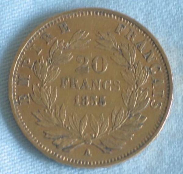 20 Francs "Napoleon III" 1855 "A" Frankreich 900er Gold