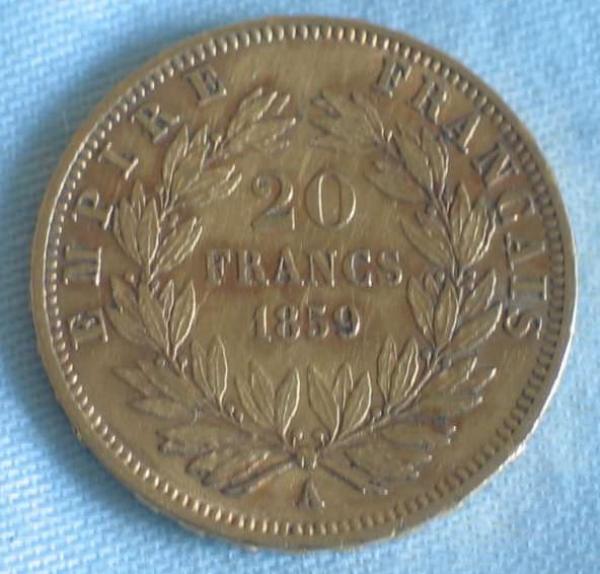 20 Francs "Napoleon III" 1859 "A" Frankreich 900er Gold