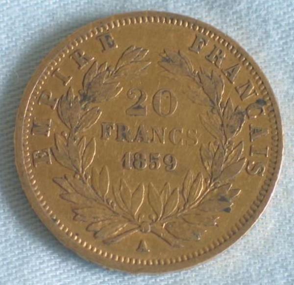 20 Francs "Napoleon III" 1859 "A" Frankreich 900er Gold