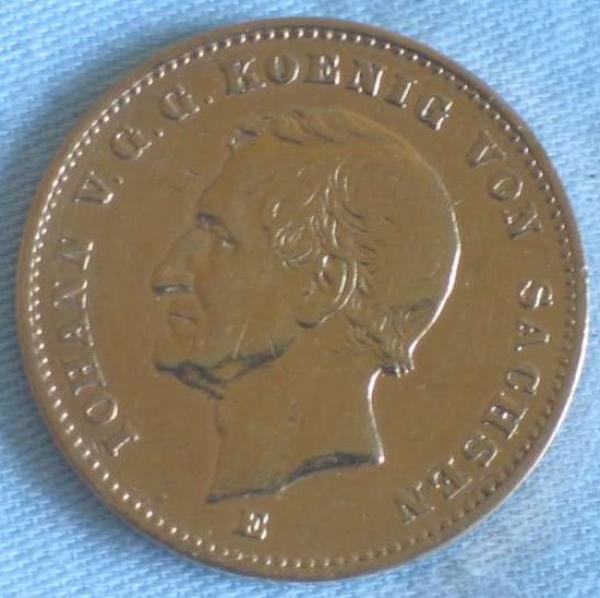 20 Mark "Johann V.G.G. König von Sachsen" Reichsgold, Goldmark 1873, Deutsches Reich, 900er Gold, Dresden
