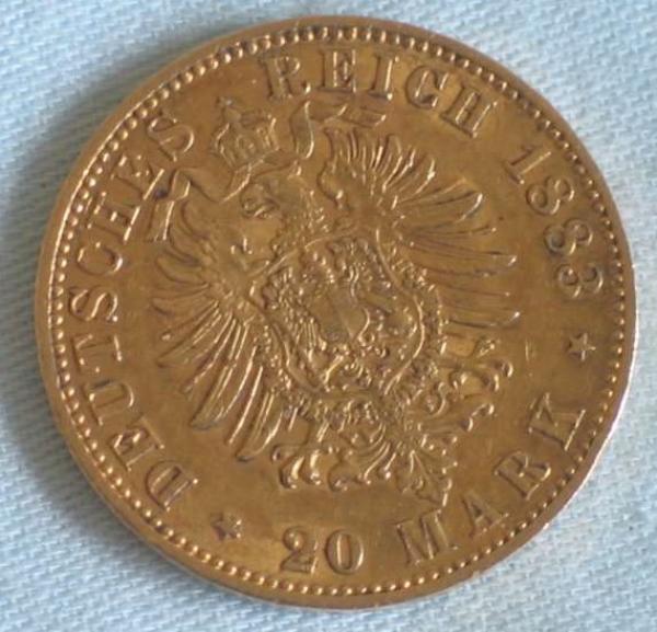 20 Mark "Wilhelm von Preussen", Reichsgold, Goldmark 1883, Deutsches Reich, 900er Gold, Berlin