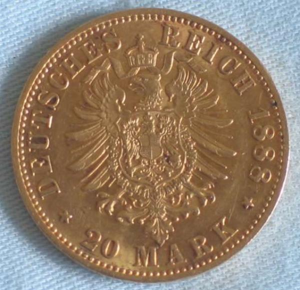 20 Mark "Friedrich von Preussen", Reichsgold, Goldmark 1888, Deutsches Reich, 900er Gold, Berlin