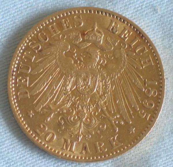 20 Mark "Wilhelm II", Reichsgold, Goldmark 1895, Deutsches Reich, 900er Gold, Berlin