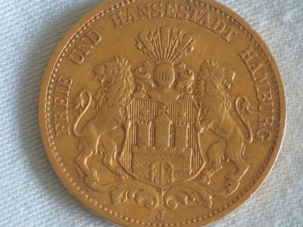 20 Mark "Freie und Hansestadt Hamburg", Reichsgold, Goldmark 1884, Deutsches Reich, 900er Gold