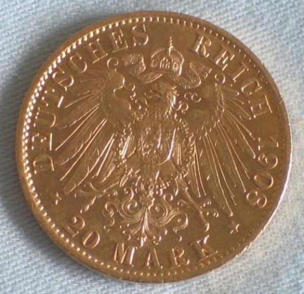 20 Mark "Wilhelm II", Reichsgold, Goldmark 1908, Deutsches Reich, 900er Gold, Berlin