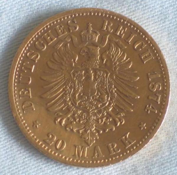 20 Mark "Albert König von Sachsen" Reichsgold, Goldmark 1874, Deutsches Reich, 900er Gold, Dresden
