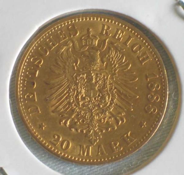 20 Mark "Friedrich von Preussen", Reichsgold, Goldmark 1888, Deutsches Reich, 900er Gold, Berlin