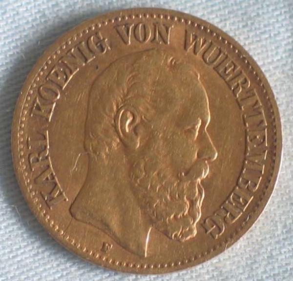 10 Mark "Karl, König von Württemberg", Reichsgold, Goldmark 1876, Deutsches Reich, 900er Gold, Stuttgart