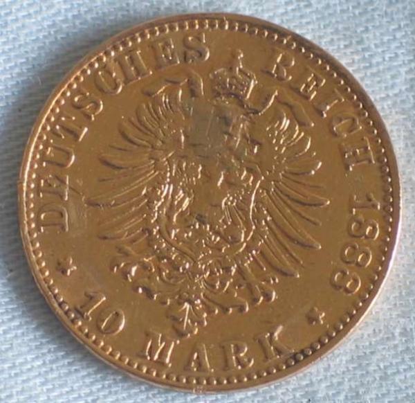 10 Mark "Friedrich von Preussen", Reichsgold, Goldmark 1888, Deutsches Reich, 900er Gold, Karlsruhe