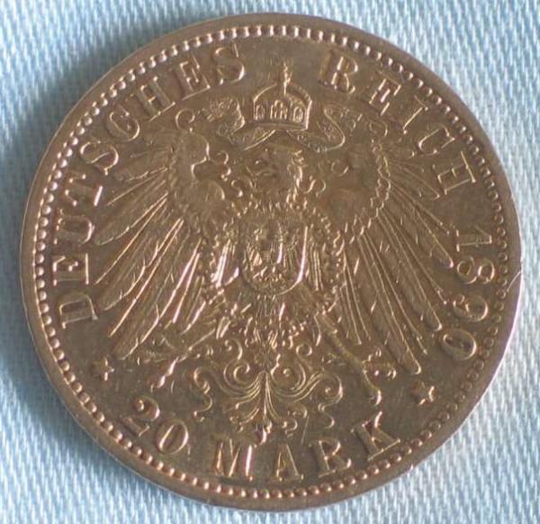 20 Mark "Wilhelm II", Reichsgold, Goldmark 1890, Deutsches Reich, 900er Gold, Berlin