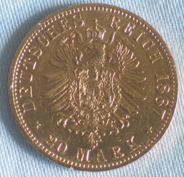 20 Mark "Wilhelm von Preussen", Reichsgold, Goldmark 1887, Deutsches Reich, 900er Gold, Berlin