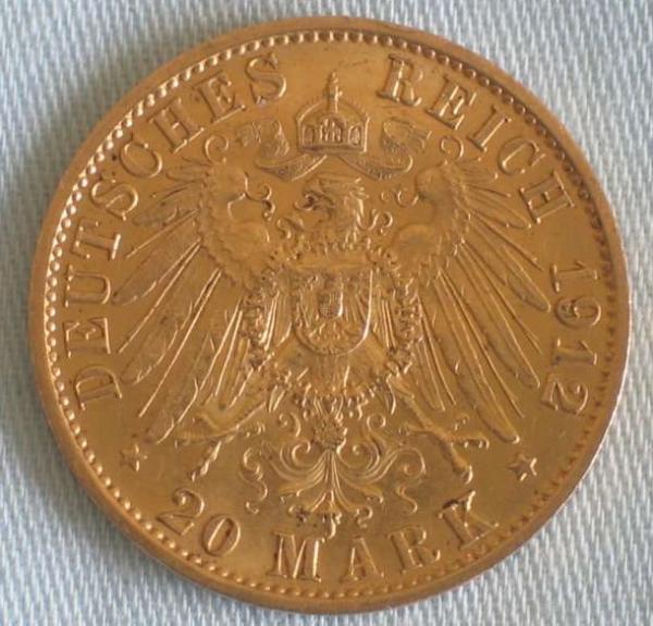 20 Mark "Wilhelm II", Reichsgold, Goldmark 1912, Deutsches Reich, 900er Gold, Berlin