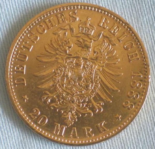 20 Mark "Friedrich von Preussen", Reichsgold, Goldmark 1888, Deutsches Reich, 900er Gold, Berlin