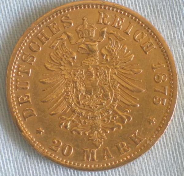 20 Mark "Wilhelm von Preussen", Reichsgold, Goldmark 1875, Deutsches Reich, 900er Gold, Berlin