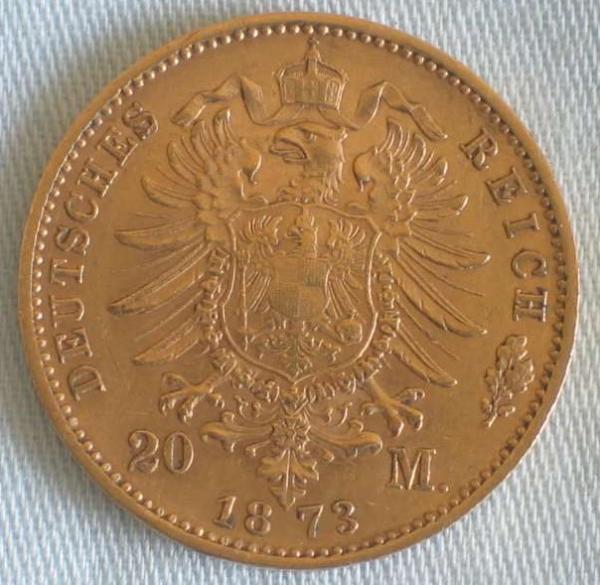 20 Mark "Karl, König von Württemberg", Reichsgold, Goldmark 1873, Deutsches Reich, 900er Gold, Stuttgart