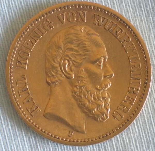 20 Mark "Karl, König von Württemberg", Reichsgold, Goldmark 1873, Deutsches Reich, 900er Gold, Stuttgart