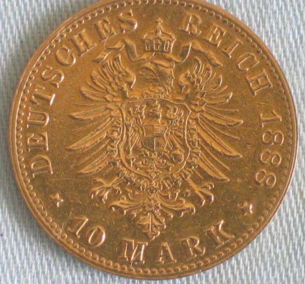 10 Mark "Friedrich von Preussen", Reichsgold, Goldmark 1888, Deutsches Reich, 900er Gold, Karlsruhe