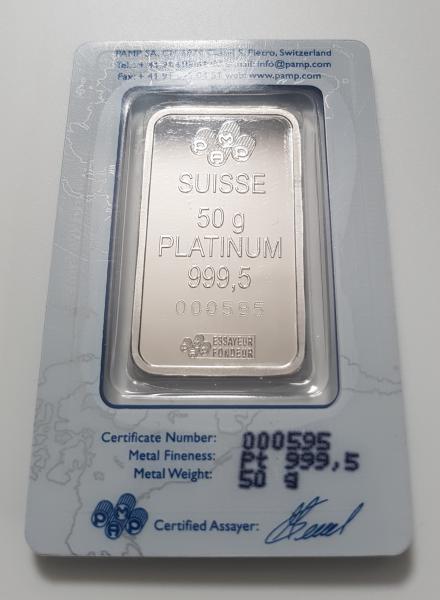 50 Gramm Platinbarren "PAMP Suisse Fortuna" 999,5, Prägebarren in OVP