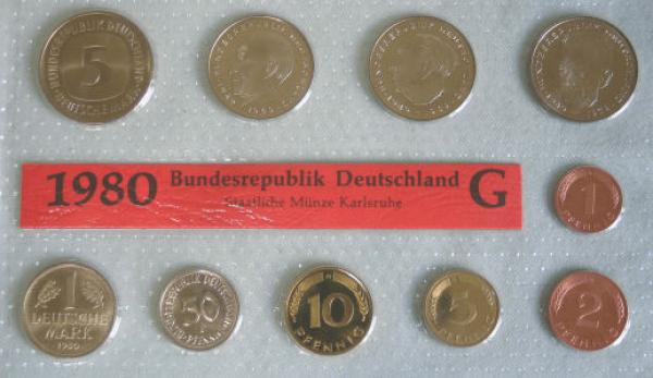 Kursmünzsatz 1 Pfg bis 5 DM BRD Stempelglanz in Noppenfolie 1980 G