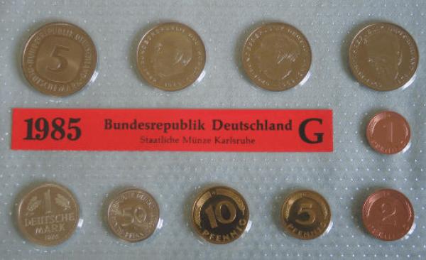 Kursmünzsatz 1 Pfg bis 5 DM BRD Stempelglanz in Noppenfolie 1985 G