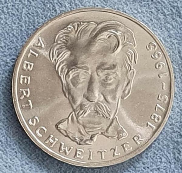 5 DM Gedenkmünze "100. Geburtstag von Albert Schweitzer" aus 625er Silber 1975